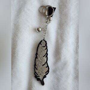 Elegant Black and Silver Feather Rhinestone Keychain Bag Charm